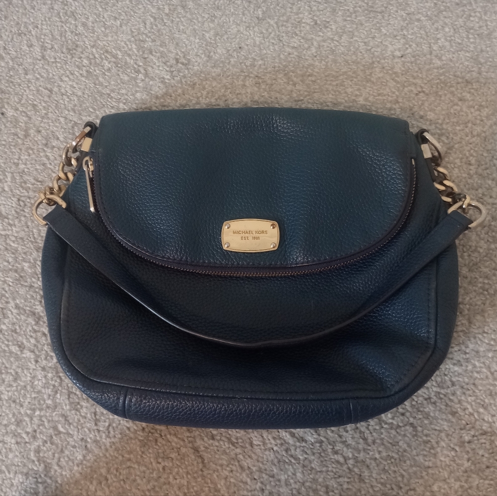 Michael Kors Bedford Pebbled Leather Blue Shoulder Bag